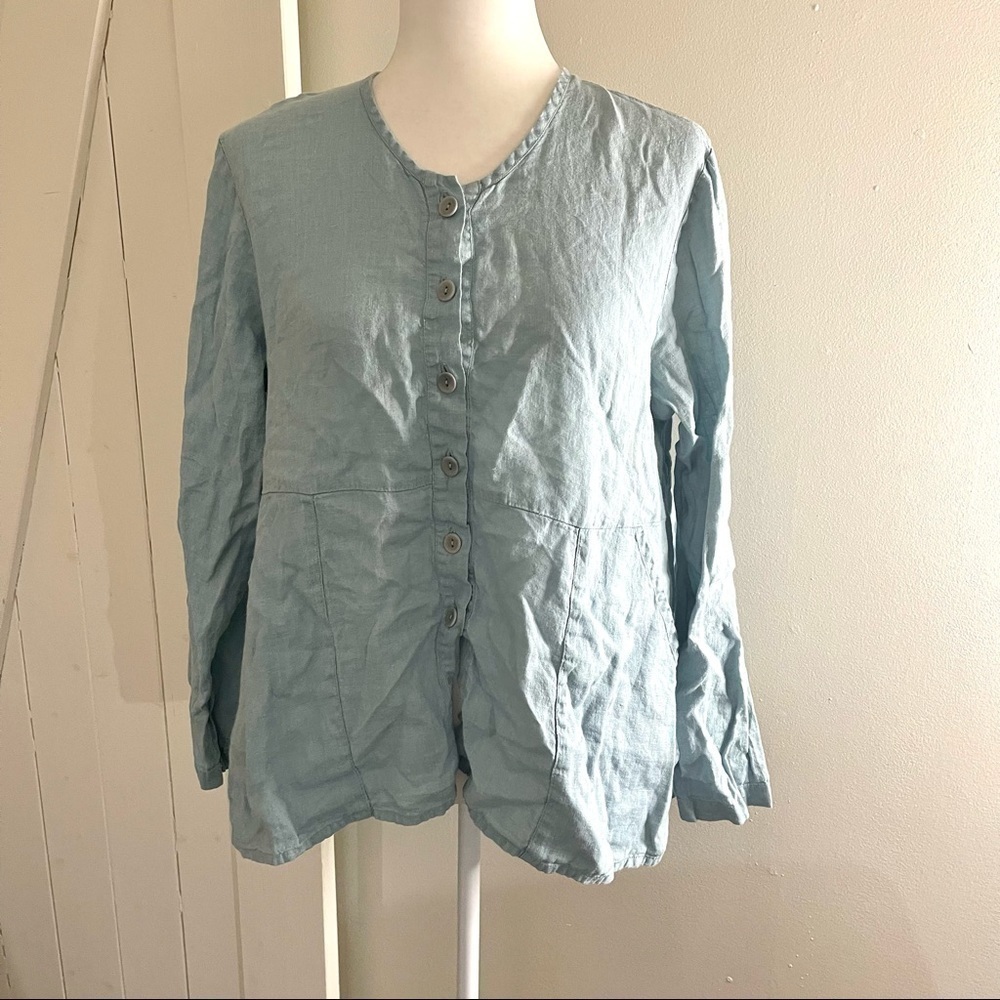 Flax Blue Drawstring Button Down Linen Blouse - image 1
